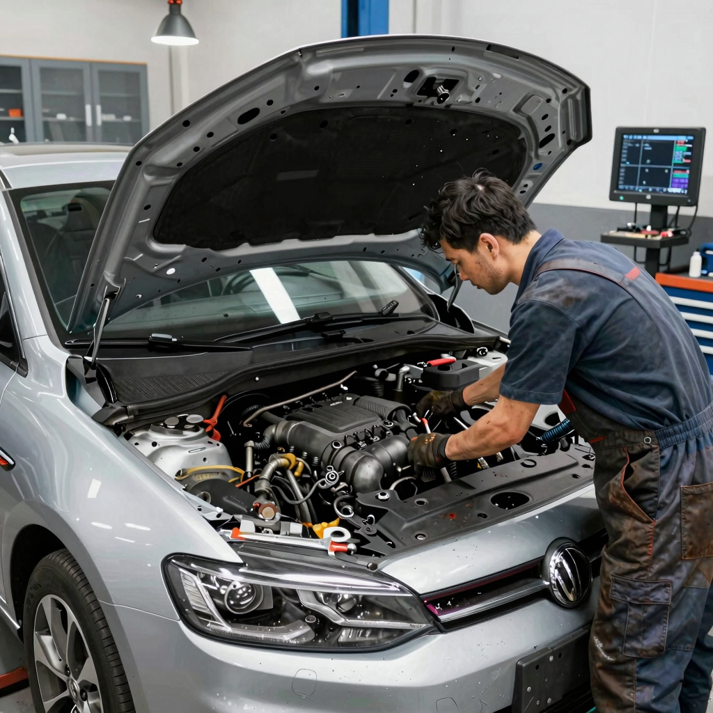 Automehaničar radi na motoru automobila u urednoj radionici
